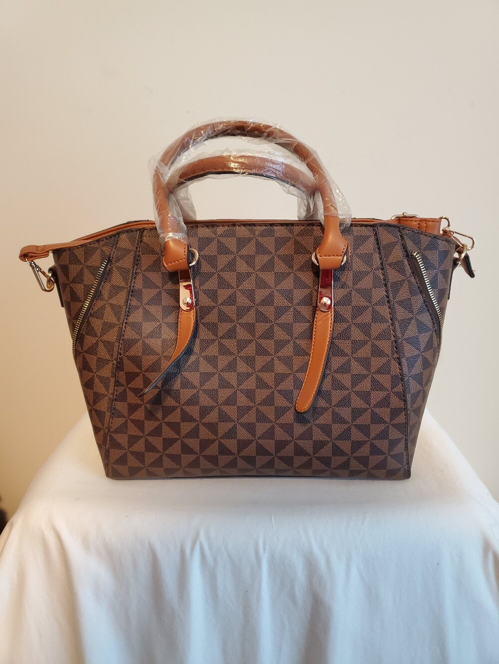 Brown Geometric Pattern Satchel Handbag - Unbranded